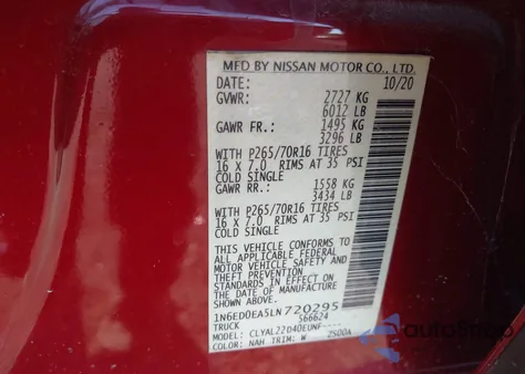 2020 Nissan Frontier Sv 4X2 from USA, damaged, VIN 1N6ED0EA5LN720295